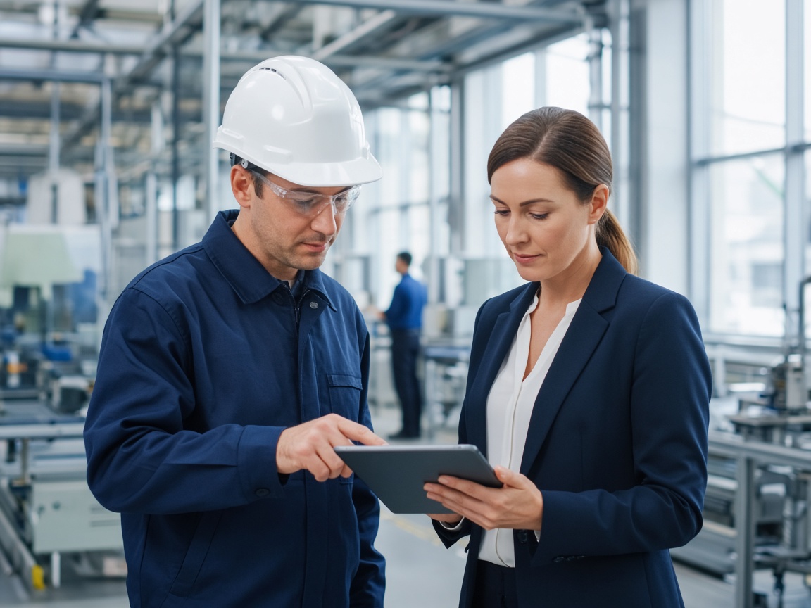 Engineer in a hard hat reviewing plans with a colleague on a manufacturing floor
