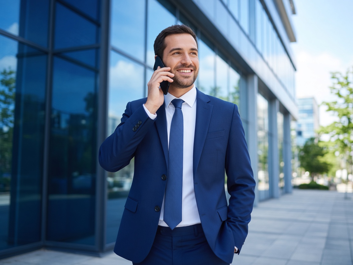 Businessman talking on his phone outside an office building