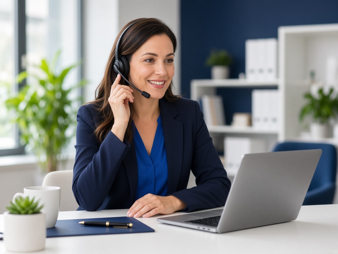 Staffing coordinator on a headset at her desk