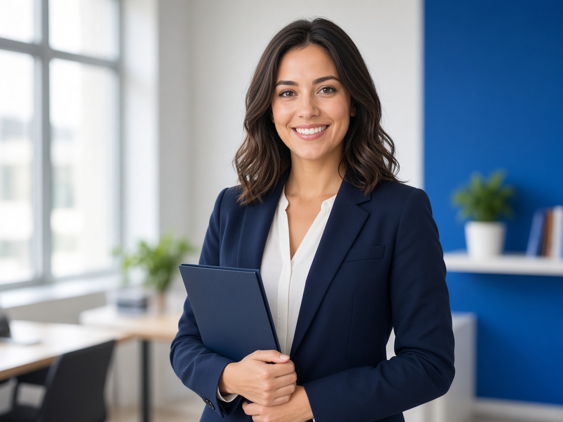 Smiling professional woman holding a folder in an office