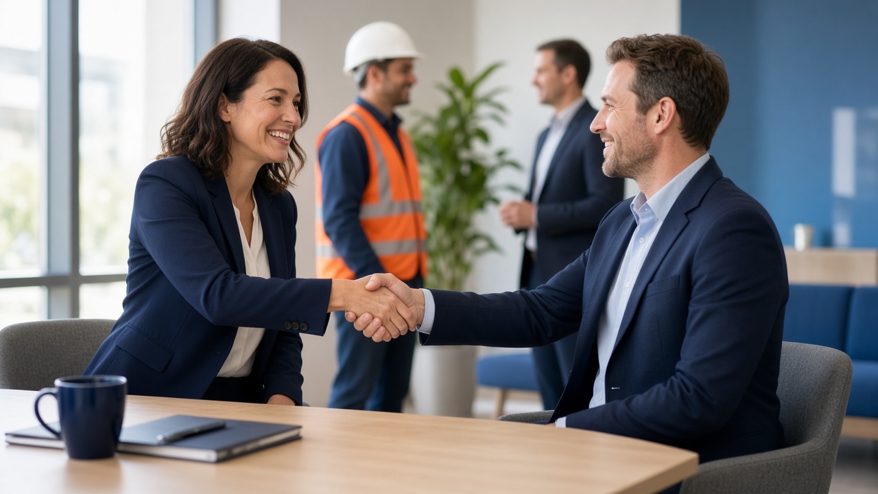 Recruiter shaking hands with a job candidate in a modern office