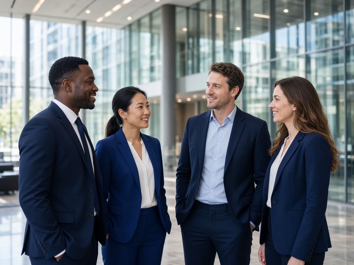 Group of business professionals talking in an office lobby